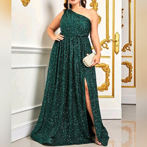 New Luxe Sequin Draped One Shoulder Split Leg Maxi Dress Gown PLUS Dark Green - Picture 1 of 8